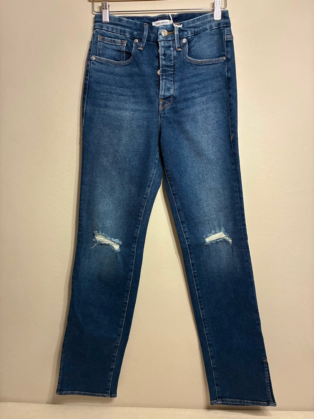 NWT Good American Good Boy Distressed Split Hem Jeans Size 8/29 Dark Wash Blue